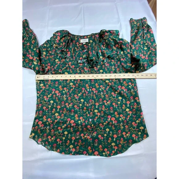 J. Crew Green Floral Ruffled V-Neck Mushroom Blouse - Picture 9 of 10